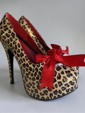 Leopard Print Platform Heels Bordello Pleaser Teeze-12 Red Bow Size 8 NIB New